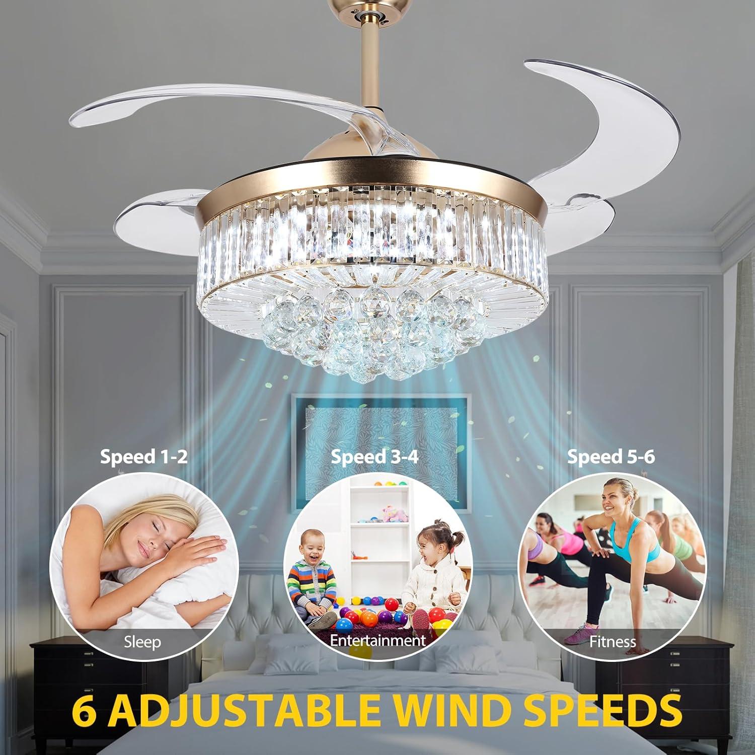 Panghuhu88 42" Invisible Ceiling Fan Chandelier Light,Modern Crystal Ceiling Fan Light Remote Control 4 Retractable ABS Blades for Bedroom Living Room Dining Room Decoration