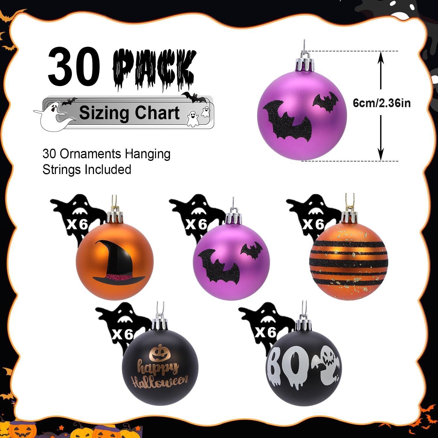 30CT 2.36 Inch Halloween Tree Ornaments, Colored Shatterproof Plastic Decorations Balls Baubles for Christmas Party Haunted House Decoration