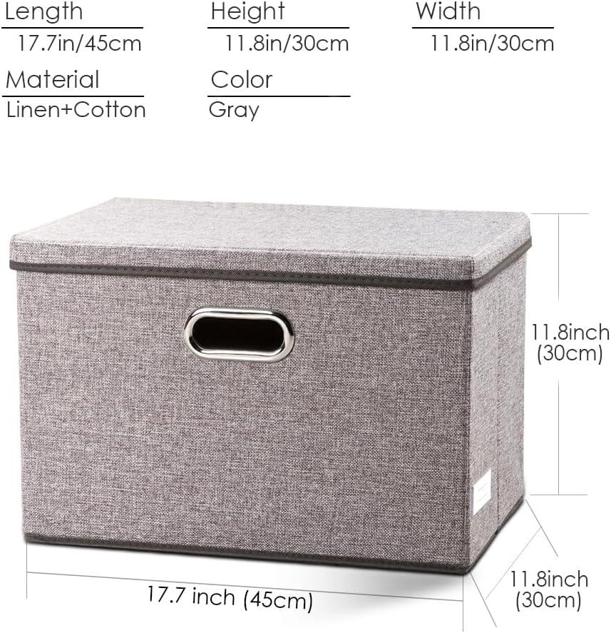 3 Pack Collapsible storage bins with lid. Foldable Storage bins for shelves, closet, office bedroom, or nursery. Containers made with linen fabric and stainless steel handles for organizing.