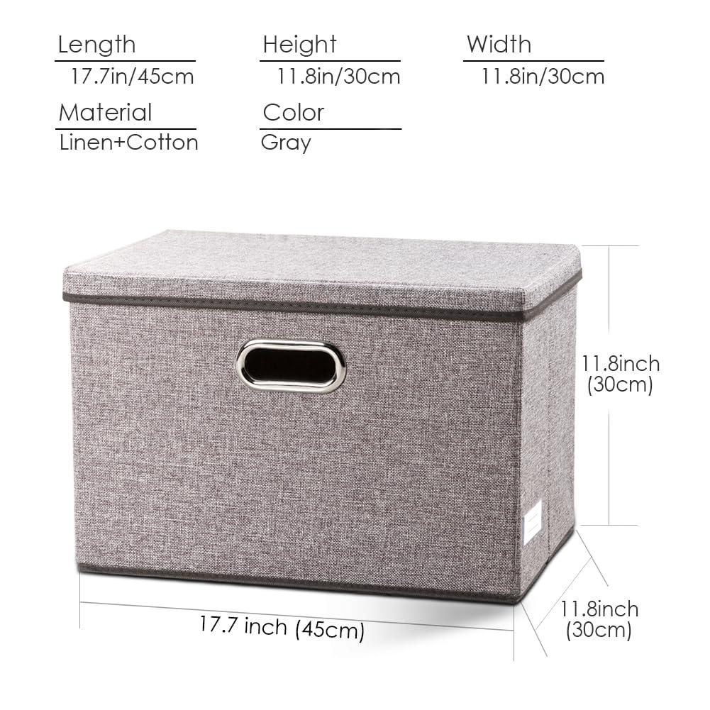 3 Pack Collapsible storage bins with lid. Foldable Storage bins for shelves, closet, office bedroom, or nursery. Containers made with linen fabric and stainless steel handles for organizing.
