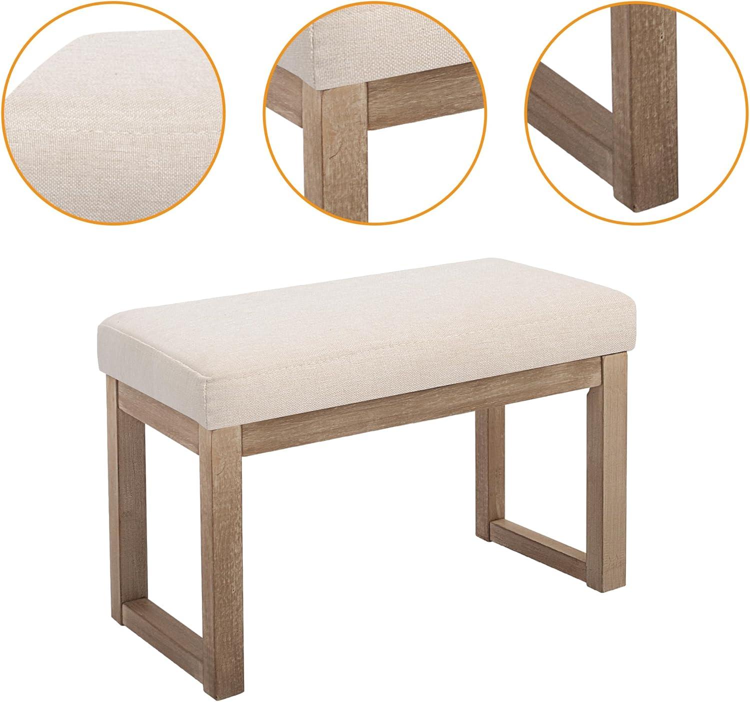 Beige Linen Upholstered Wood Leg Ottoman Bench