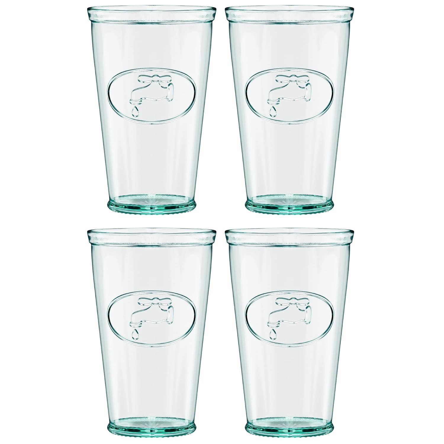 Amici Home Italian Recycled Green Water Tap Hiball Glass, Drinking Glassware with Green Tint, Embossed Water Faucet Icon, Set of 4,16-Ounce
