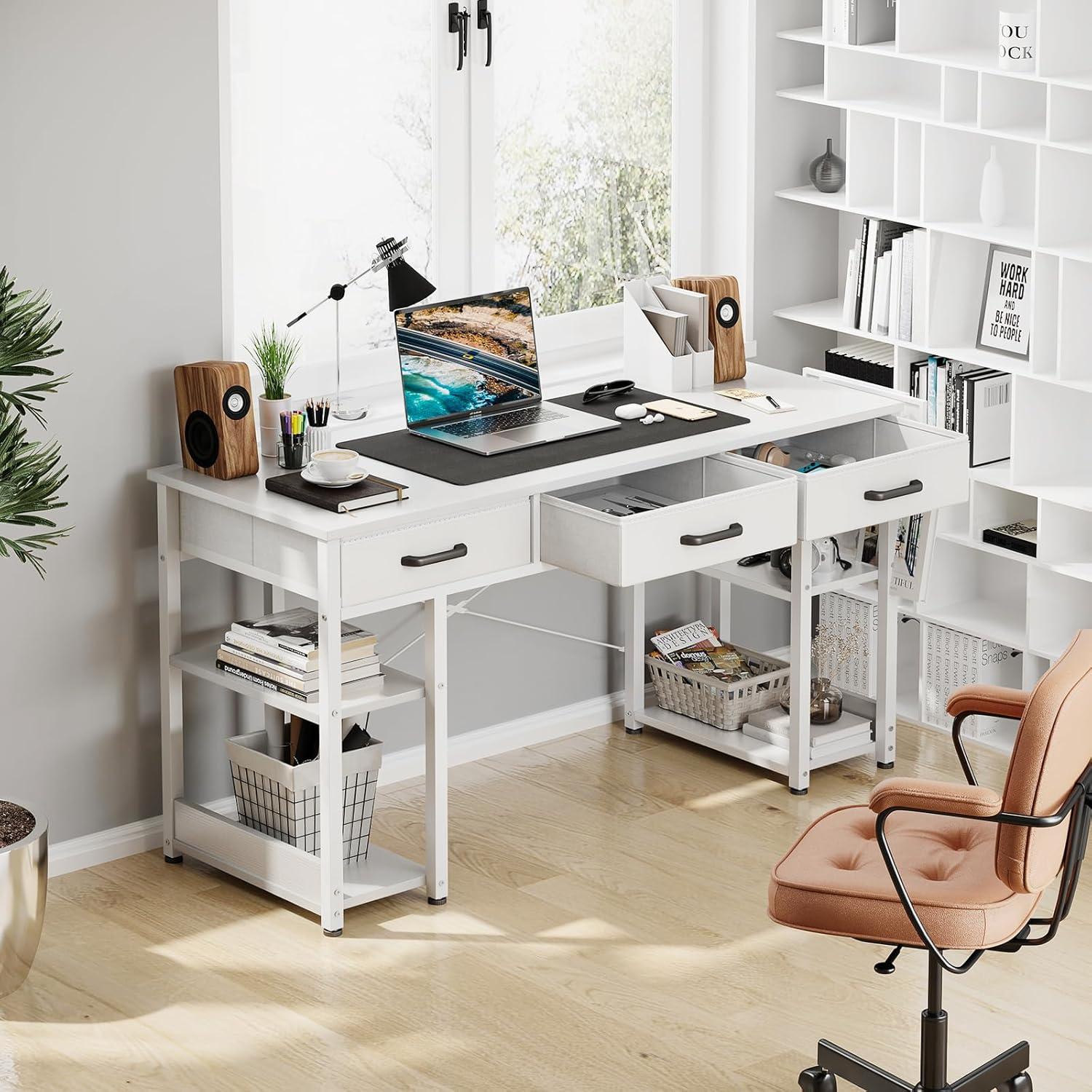 ODK Office Small Computer Desk: Home Table with Fabric Drawers & Storage Shelves, Modern Writing Desk, White, 48"x16"