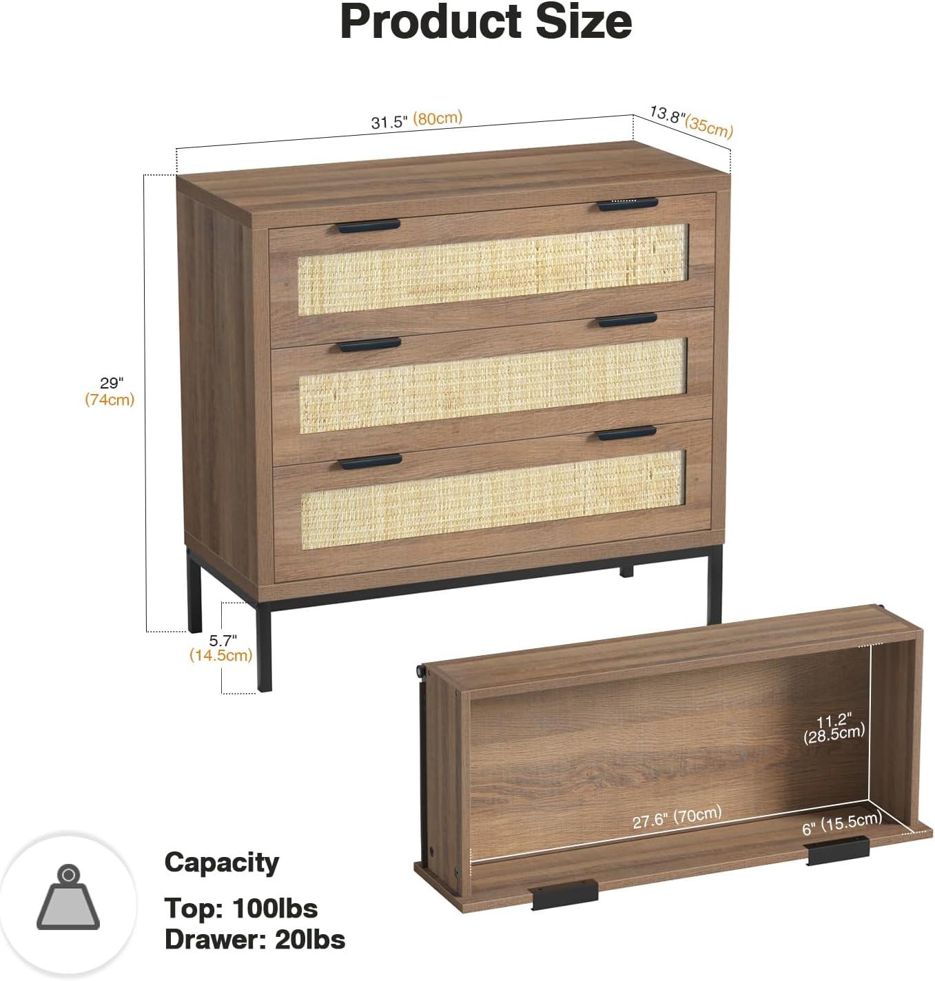 Anmytek 3 Drawer Cabinet for Bedroom, Oak Rattan Cabinet Closet Cabinet Chest of Drawers, Wood Cabinet 3 Drawer Storage Chest for Bedroom, Hallway, Nursery