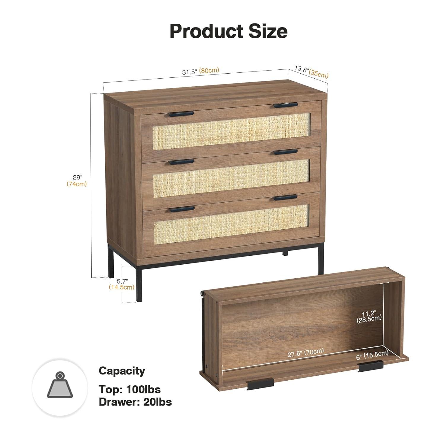 Anmytek 3 Drawer Cabinet for Bedroom, Oak Rattan Cabinet Closet Cabinet Chest of Drawers, Wood Cabinet 3 Drawer Storage Chest for Bedroom, Hallway, Nursery