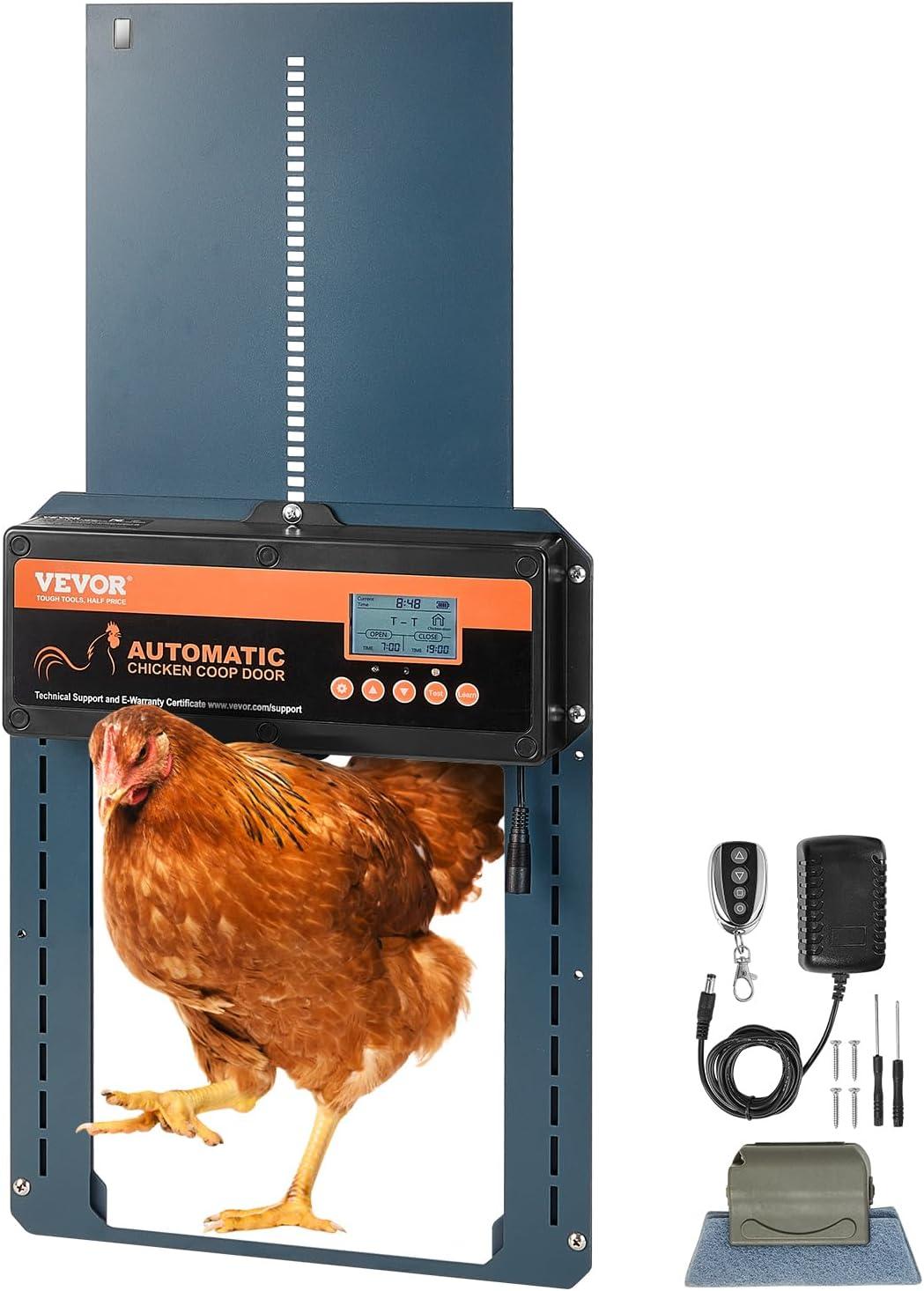 VEVOR Automatic Chicken Coop Door, Auto Chicken Door Opener with Timer & Light Sensor Aluminum Chicken Coops Door with Remote Control and LCD Screen, 4 Modes Opening, Battery or DC Powered