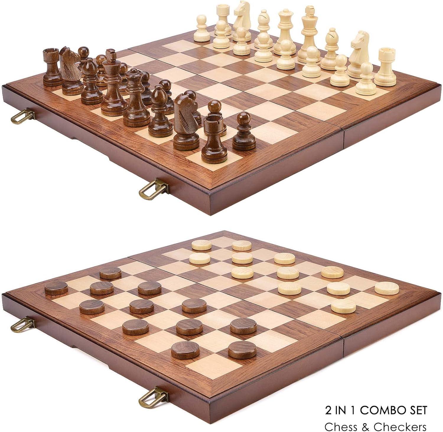 KiddiTouch 15 inch Magnetic Wooden Chess Set 2 in 1 Folding Chess Board Travel Chess Games for Adults and Kids-2 Extra Queen Pieces