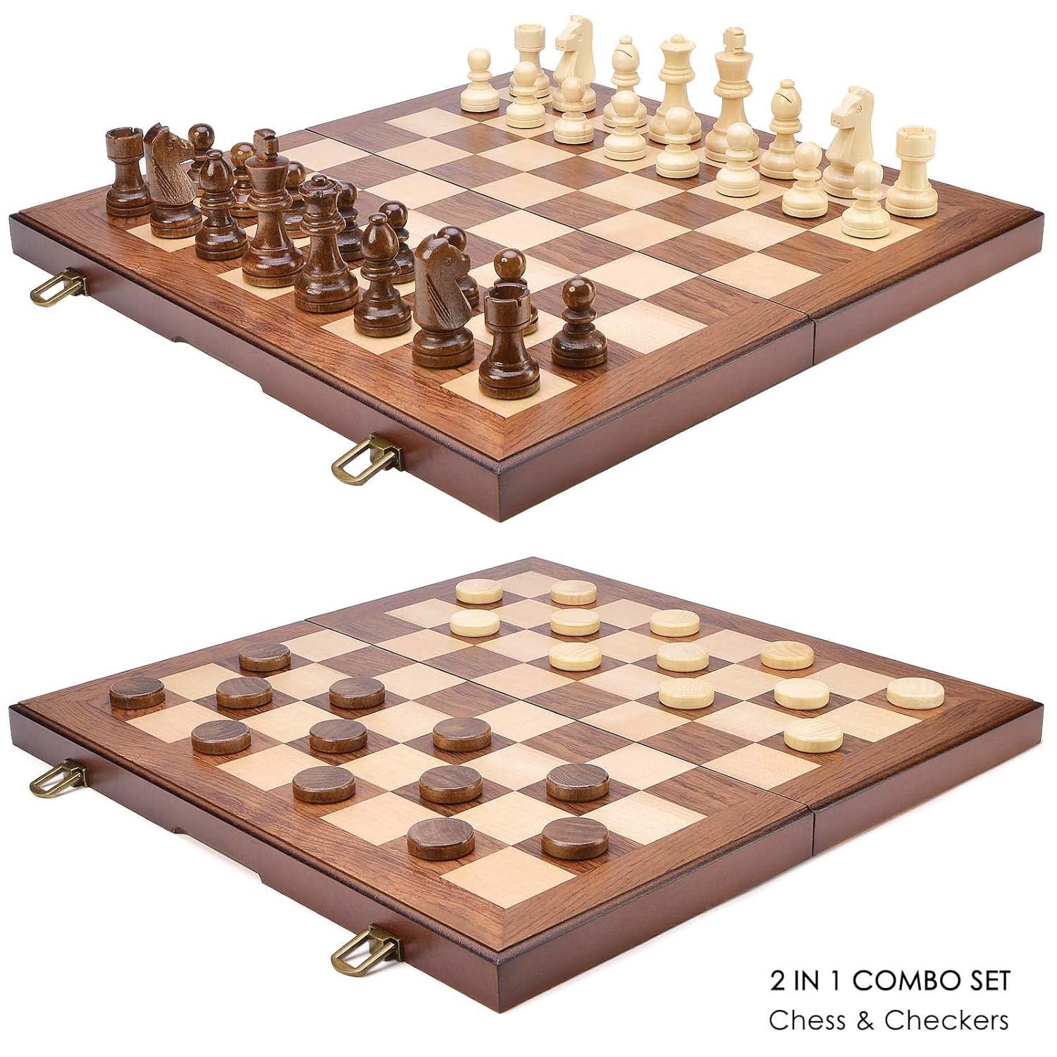 KiddiTouch 15 inch Magnetic Wooden Chess Set 2 in 1 Folding Chess Board Travel Chess Games for Adults and Kids