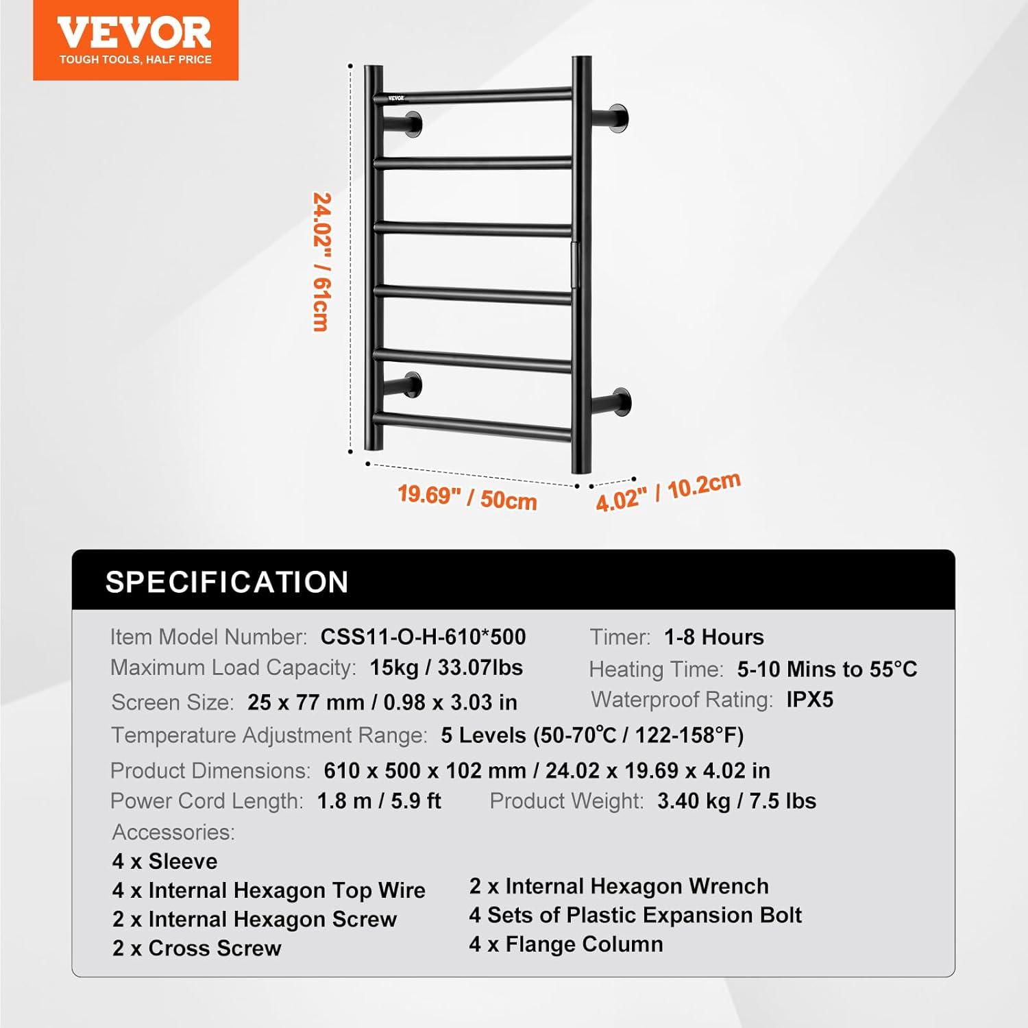 VEVOR 6 Bars Towel Warmer Rack, Wall Mounted Heated Towel Rack for Bathroom, IPX5 Waterpoof Towel Heater Rack with Timer & Display Screen, Black