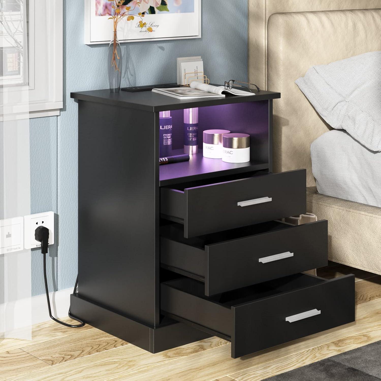 Afuhokles Black LED Nightstand with Charging Station, Night Stand 3 Drawers with Open Storage, Side Table with USB Ports and Outlets