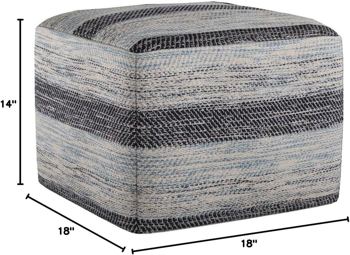 Clay 18 Inch Boho Square Pouf in Patterned Blue Melange Cotton, For the Living Room, Bedroom and Kids Room