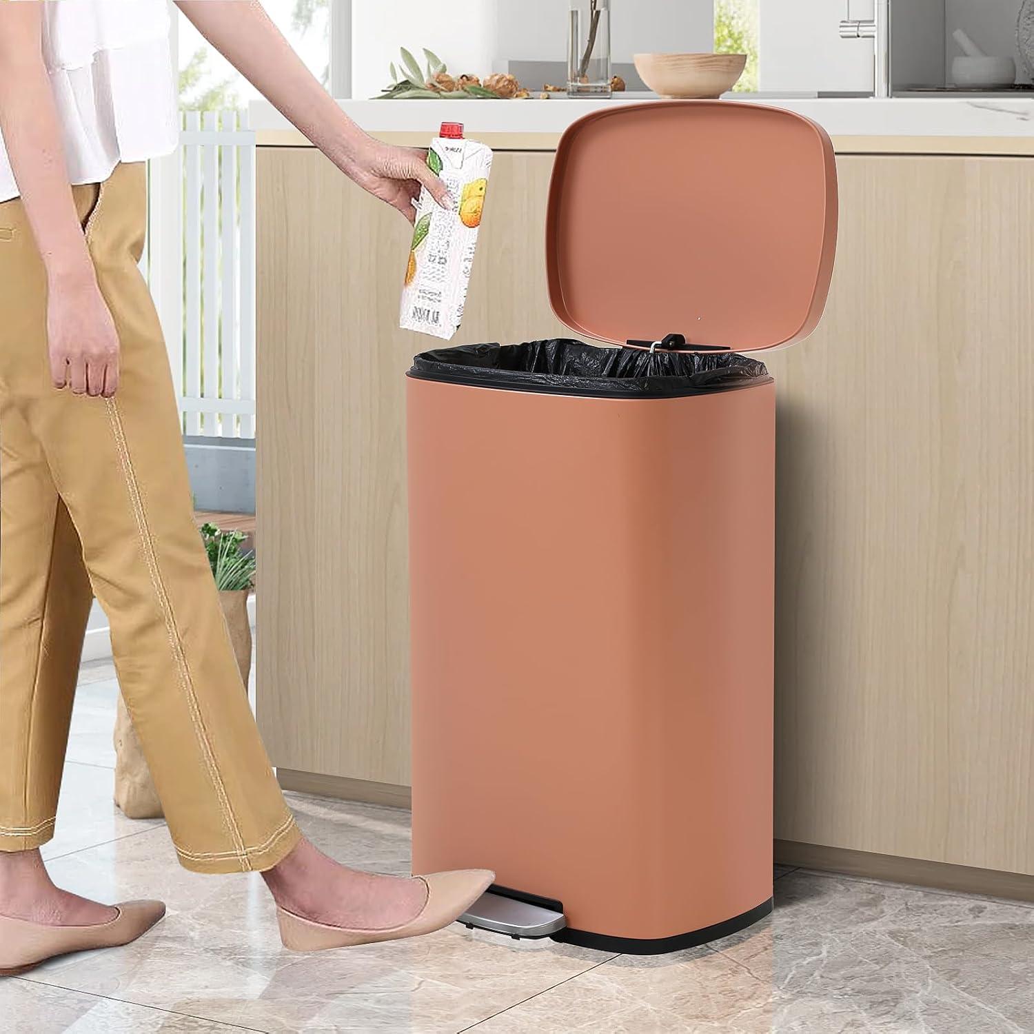 13 Gallon / 50 L Kitchen Trash Can with Lid Step Trash Bin Fingerprint-Proof Garbage Bin Brushed Stainless Steel for Office Bedroom Bathroom , Pink