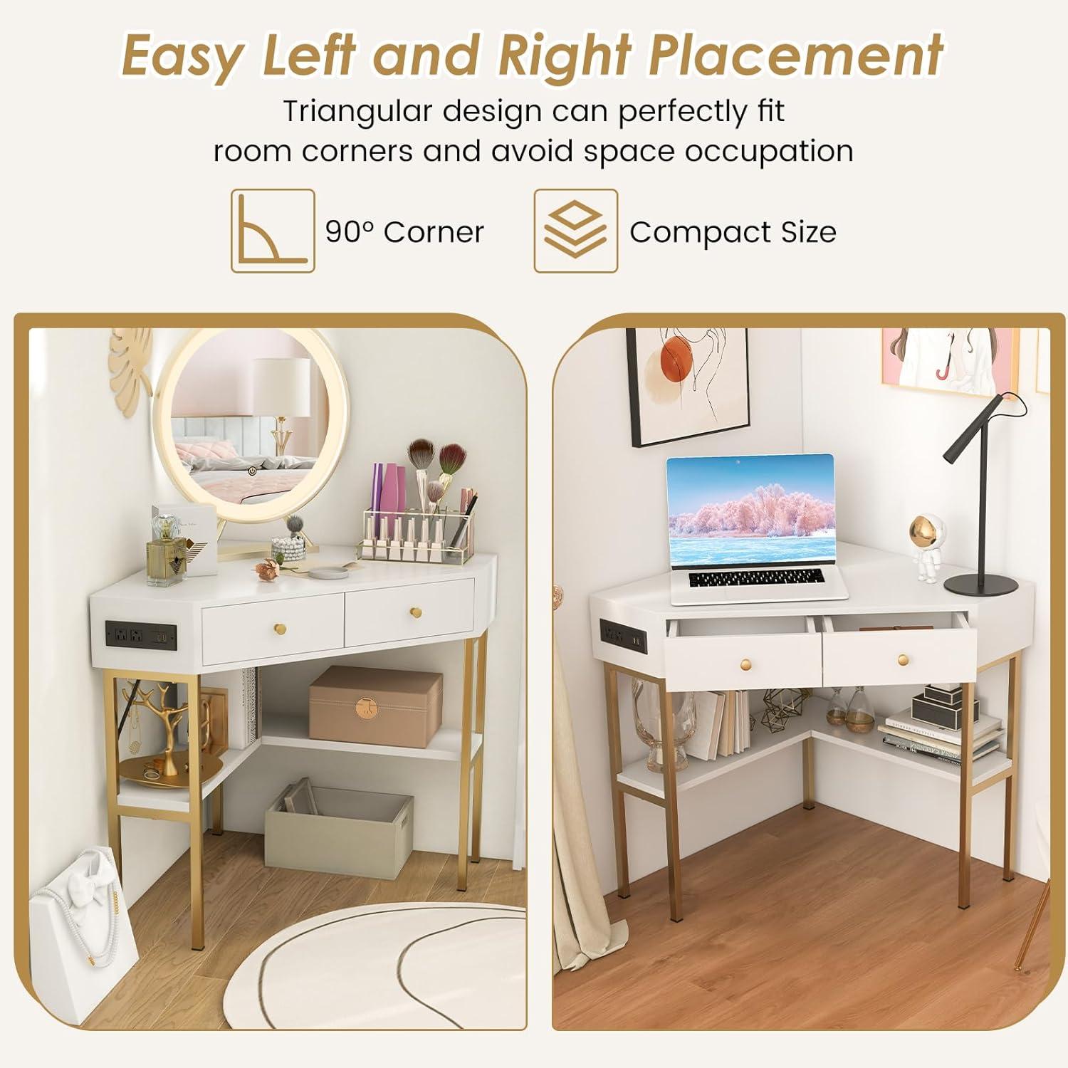 Costway Corner Desk with Built-in Charging Station Storage Drawers & Open Shelves Office White