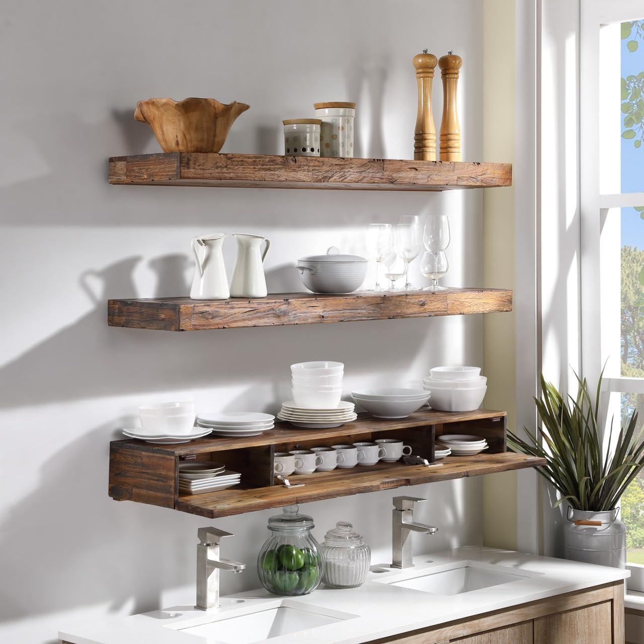 Northbeam Distressed Floating Shelf Set Hidden Storage Shelves Rustic 11.00 x 48.00 in, 3 Count
