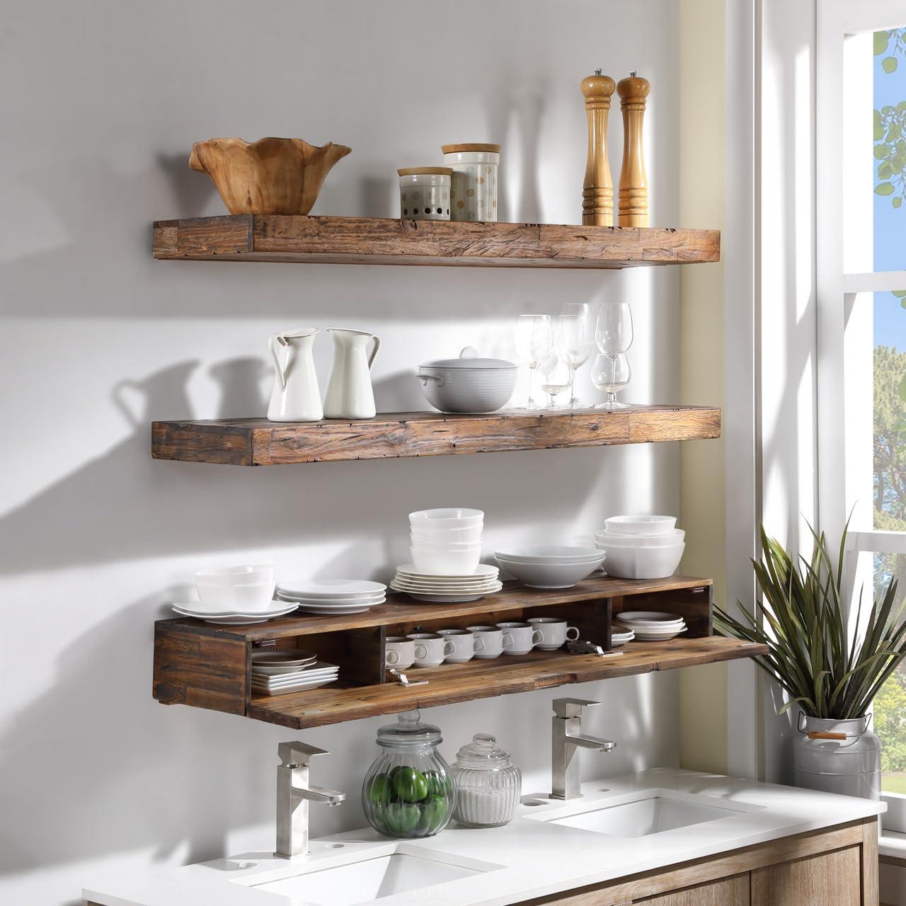 Northbeam Distressed Floating Shelf Set Hidden Storage Shelves Rustic 11.00 x 48.00 in, 3 Count