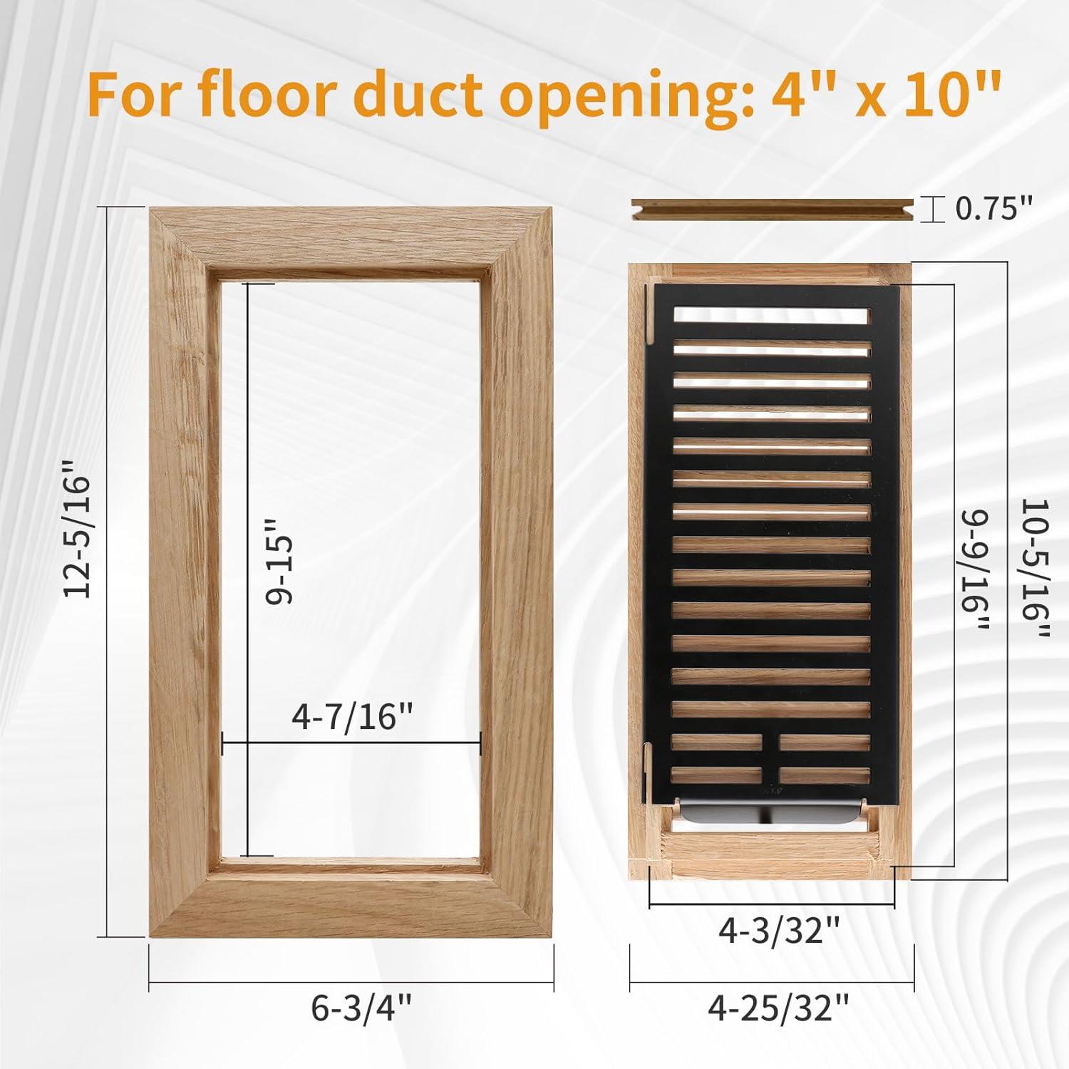Hardwood White Oak Floor Register, Flush Mount with Frame, 4x10 Inch, Unfinished