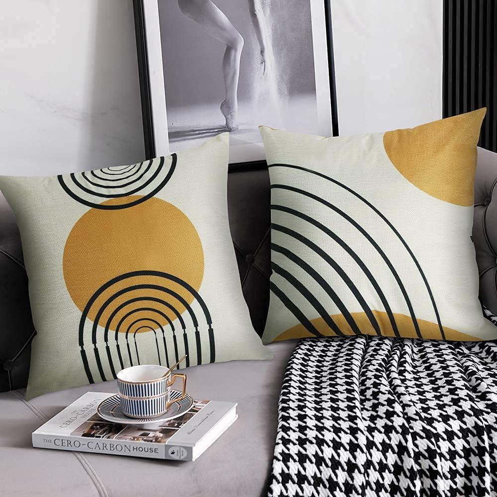 Thideape Pillow Covers 18x18 Inch Set of 4 Yellow Abstract Patterns Mid Century Modern Simple Geometric Circle Black Stripe and Gold Throw Pillows Decorative Home Decor Couch Sofa Bedroom Outdoor