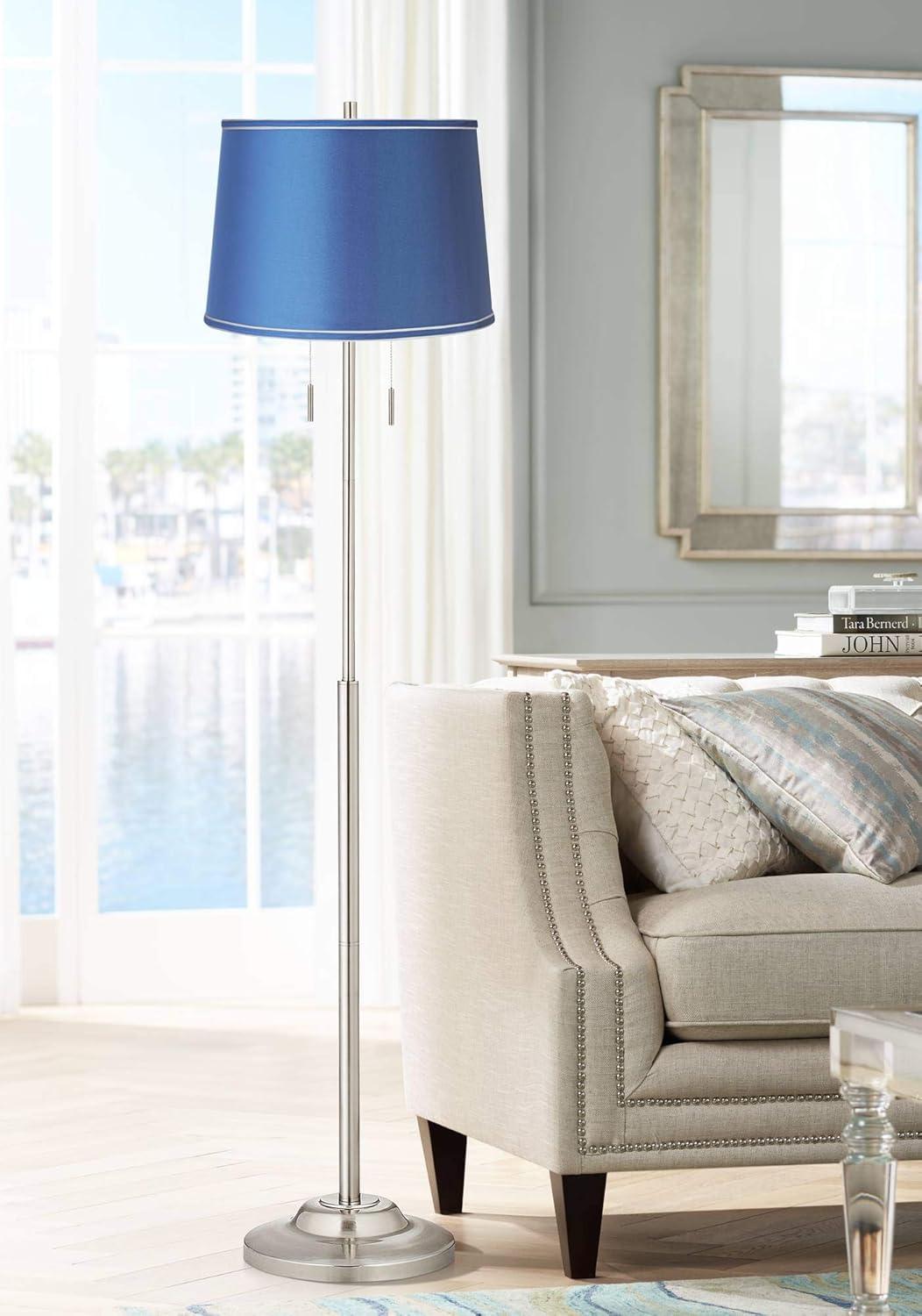 360 Lighting Abba Modern Floor Lamp Standing 66" Tall Brushed Nickel Metal Blue Satin Fabric Drum Shade for Living Room Bedroom Office House Home