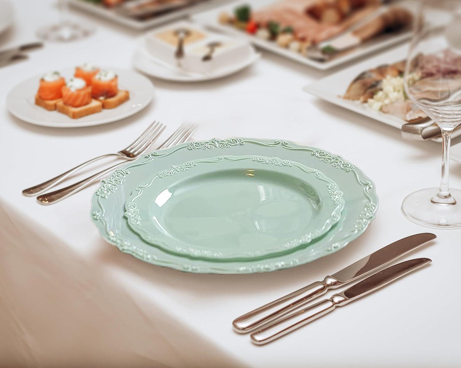 Posh Setting 60 Piece Green Round Plastic Dinnerware Value Set - Casual