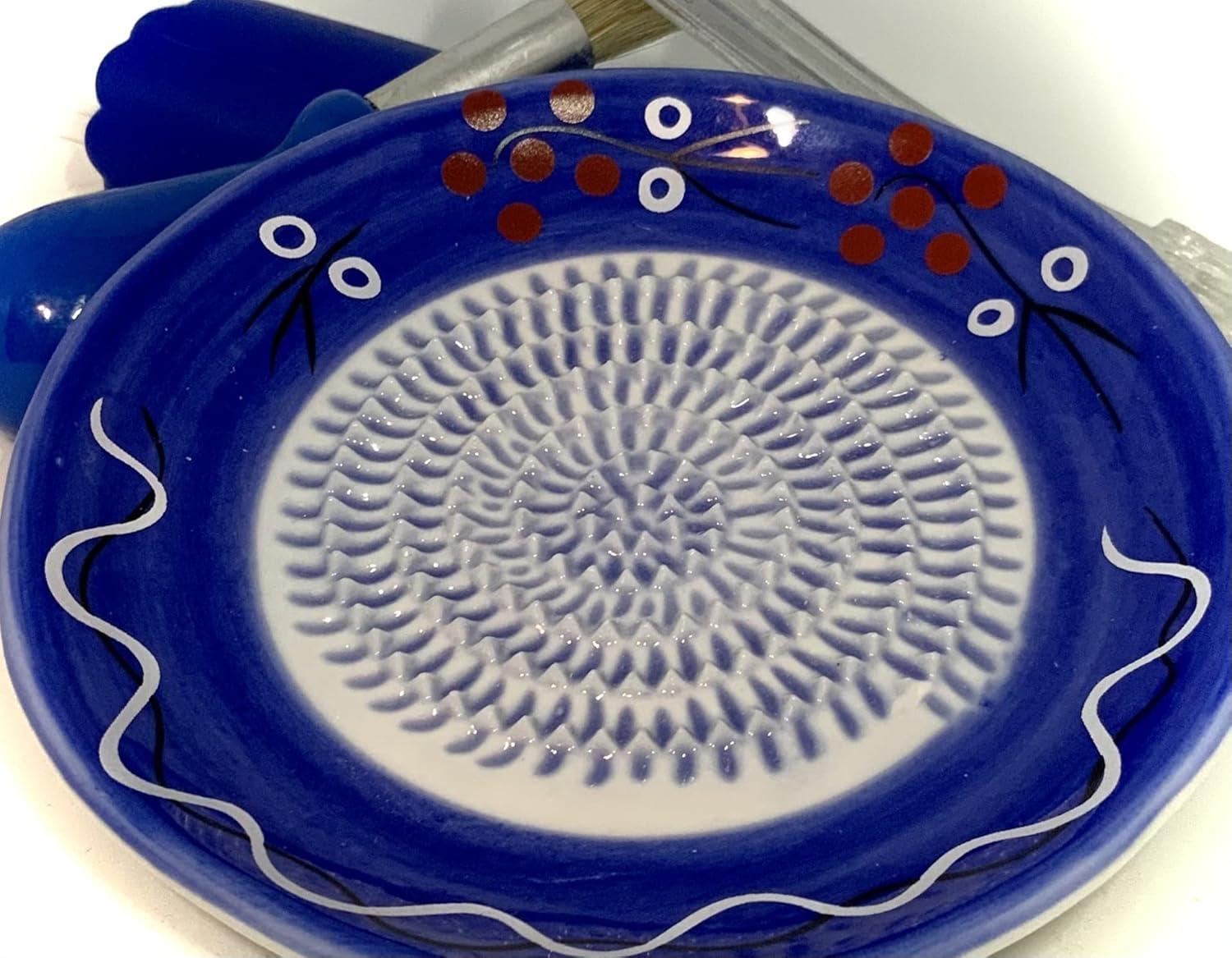 All-in-one 4pcs Premium Ceramic Garlic Grater Set - HandMade, Blue Stoneware Design Grater Plate_Garlic Peeler, Gathering Brush, Display Stand, It's also grating Turmeric, Ginger, and more,.