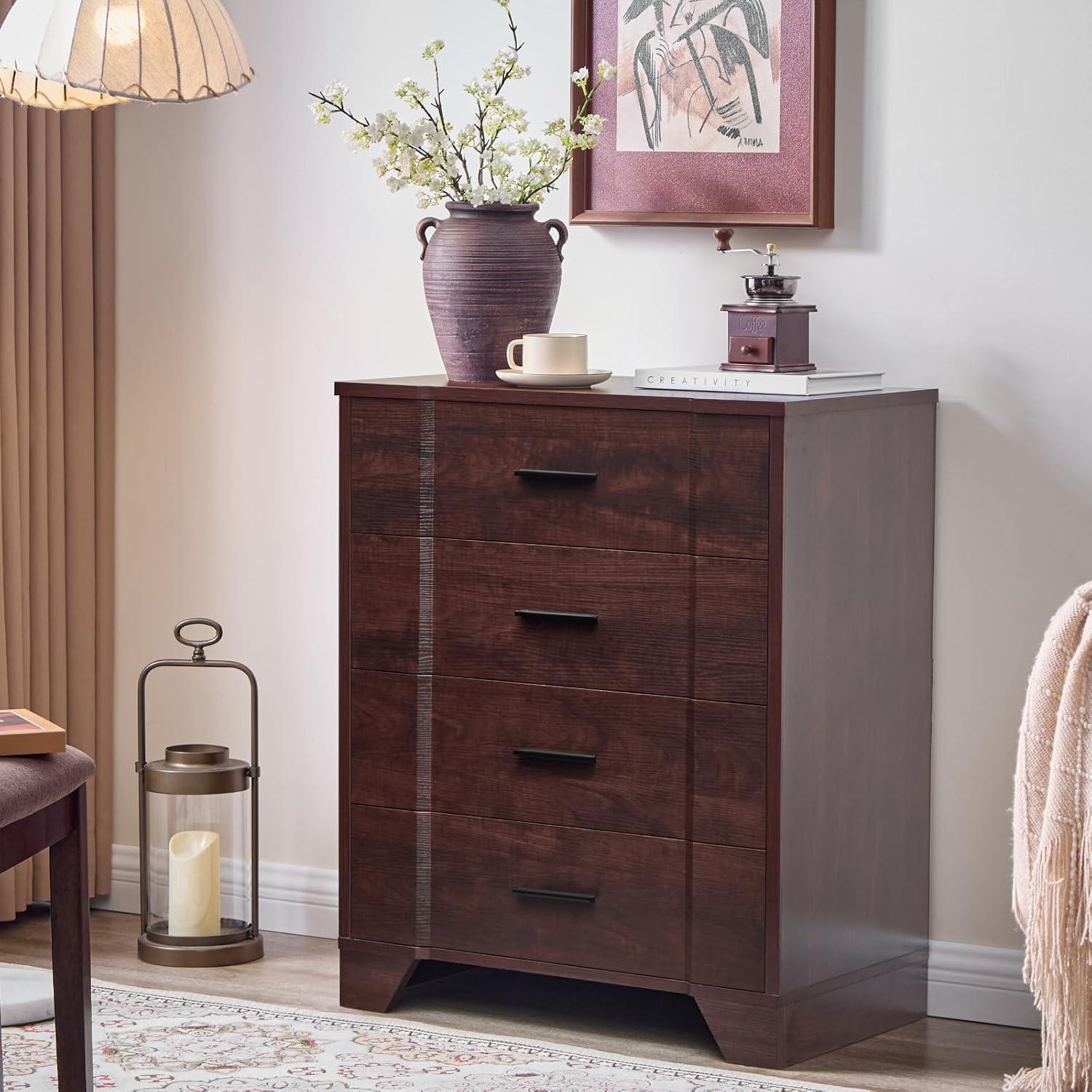 Ebern Designs Farmhouse Cherry Red Curved Tall 4 Drawers Dresser for Bedroom, 4 Chest of Drawers for Closet