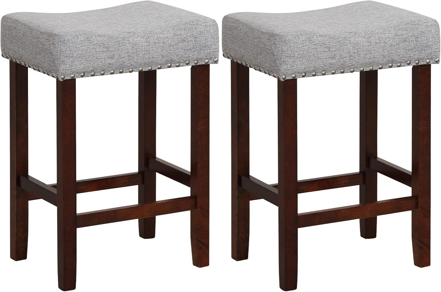 Costway Set of 2 Bar Stools Counter Height Saddle Kitchen Chairs with Wooden Legs Beige