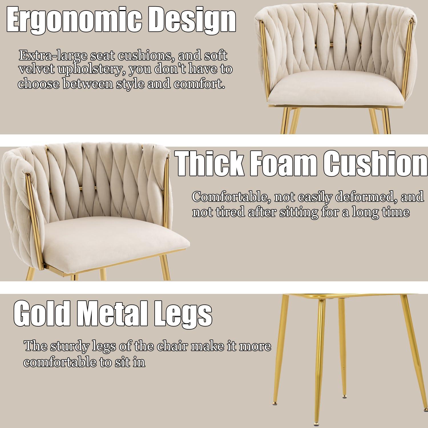 Velvet Dining Chairs Set of 2, Upholstered Dining Room Chairs with Arm & Gold Legs, Modern Accent Chairs Dining Chair for Kitchen, Vanity, Living Room (Beige)