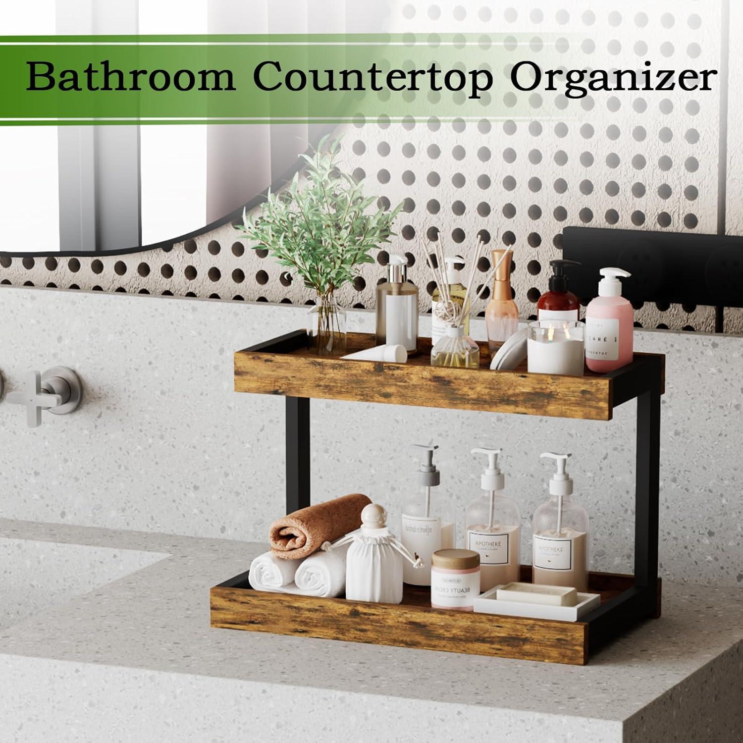 Rustic Brown 2-Tier Wood and Metal Countertop Organizer