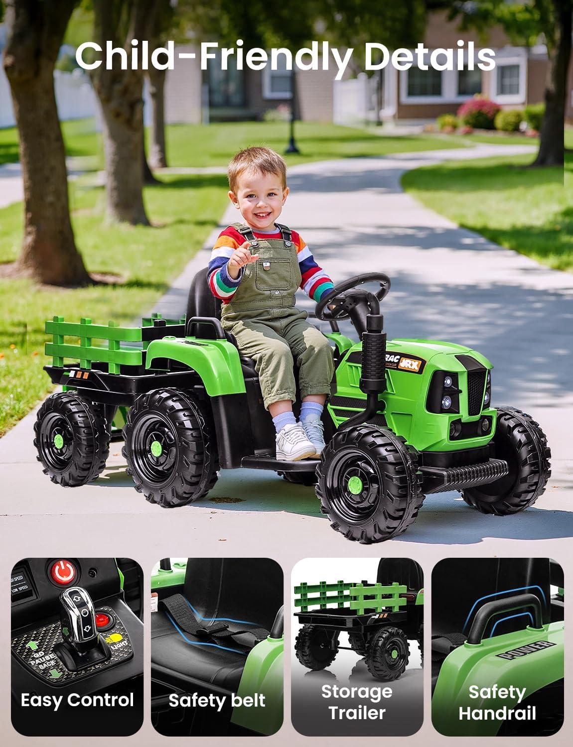 24V 400W Powered Electric Tractor for Kids, 3-Speed Ride On Tractor with Remote Control, USB/MP3/Bluetooth, LED Lights, Safety Belt, 1.86-4.97 MPH，Green