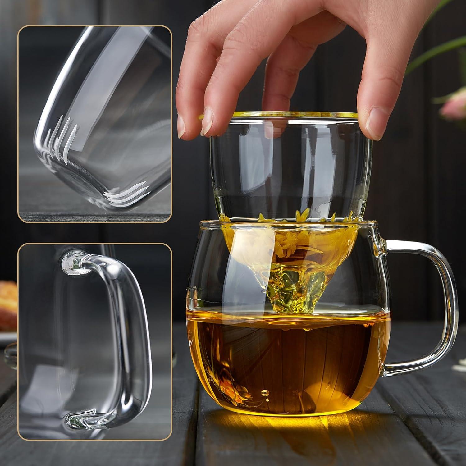 Glass Tea Cup with Infuser and Lid, 17OZ Large Borosilicate Glass Tea Cup with Strainer,Clear Glass Tea Mugs for Loose Leaf Tea,Blooming Tea,Tea Bag,Tea Cute Mushroom, Christmas gift