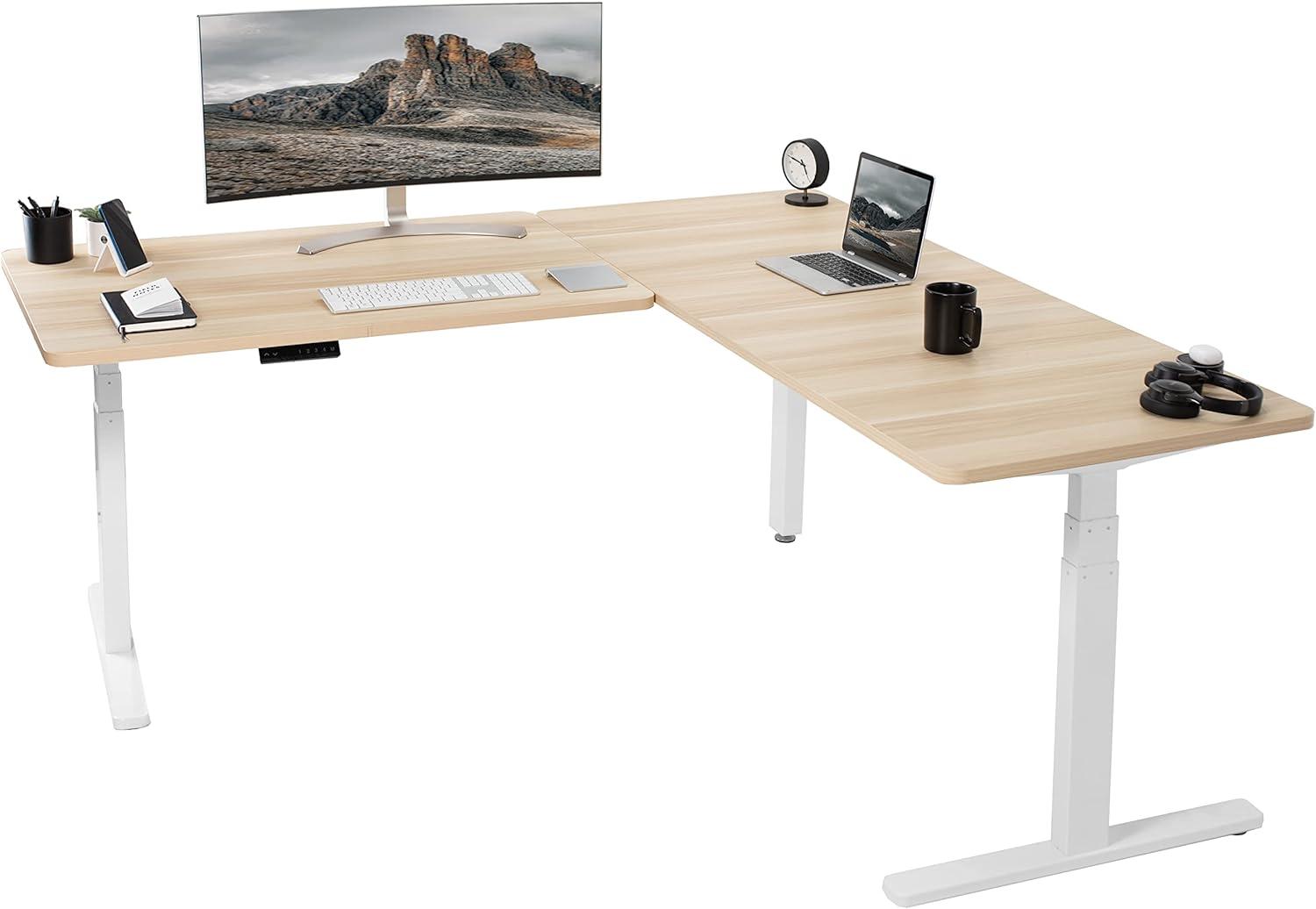 Electric Adjustable Corner Desk in Light Wood & White, 77" x 71"