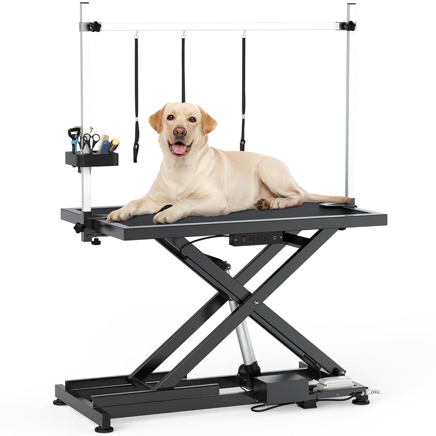 Dextrus 50" Dog Grooming Table Heavy Duty Electric Lift Pet Grooming Table for Large Dogs, Adjustable Overhead Arm Anti Slip Tabletop Tool Organizer, Dog Grooming Station