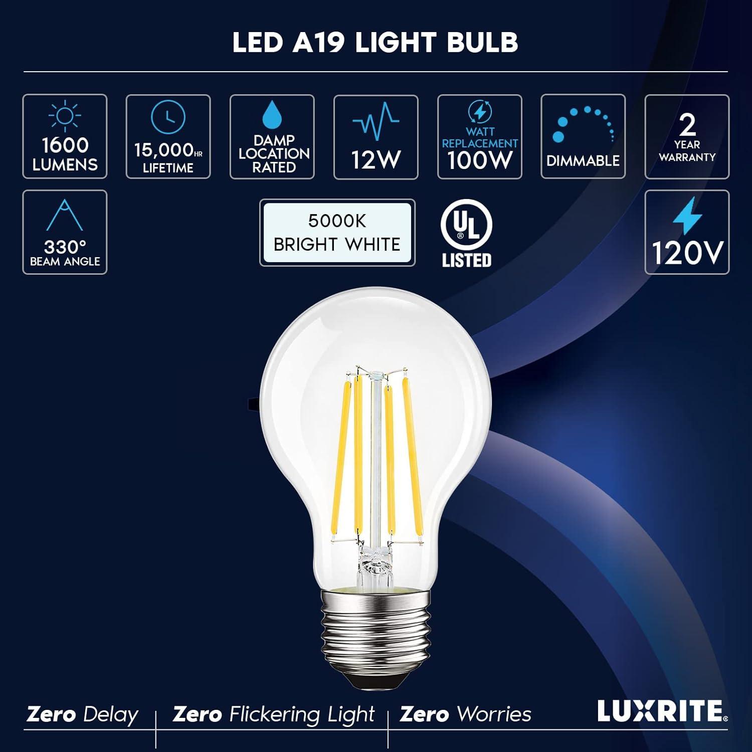 Luxrite Vintage A19 LED Light Bulb 100 Watt Equivalent 1600 Lumens 5000K Bright White Dimmable 12W Damp Rated UL E26 Base 2 Pack