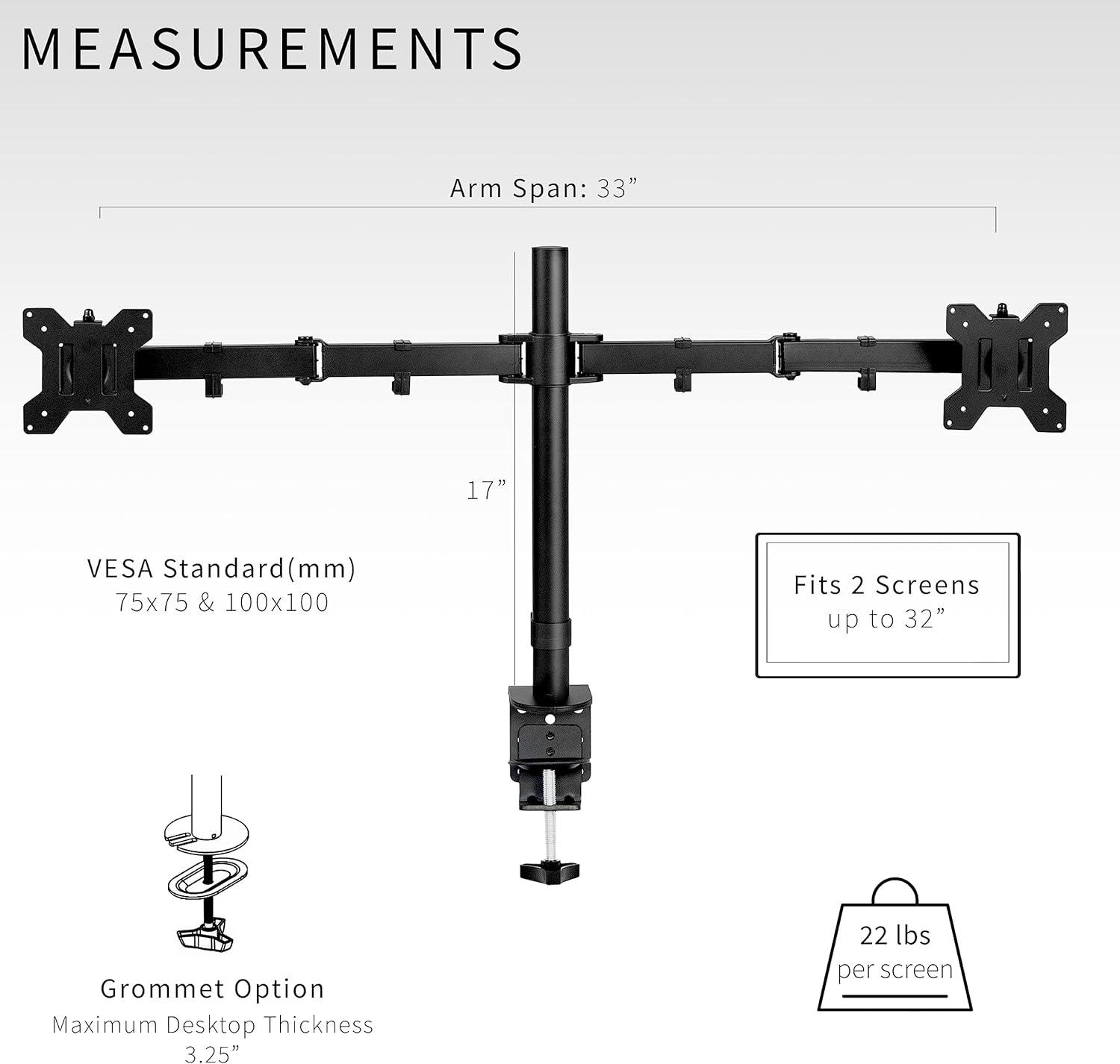 Black Dual Monitor Desk Mount with Adjustable Arms for 32" Screens