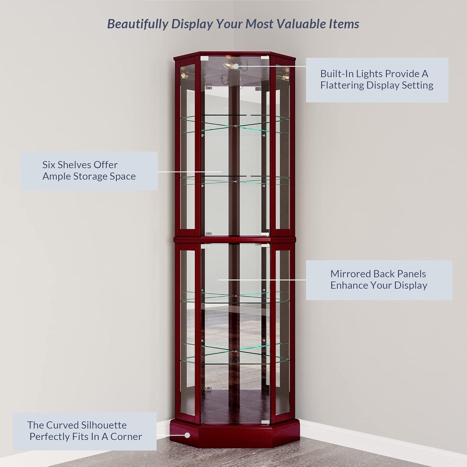 BELLEZE Ashfield Lighted Wood/Glass Curio Corner Cabinet Floor Standing, Cherry