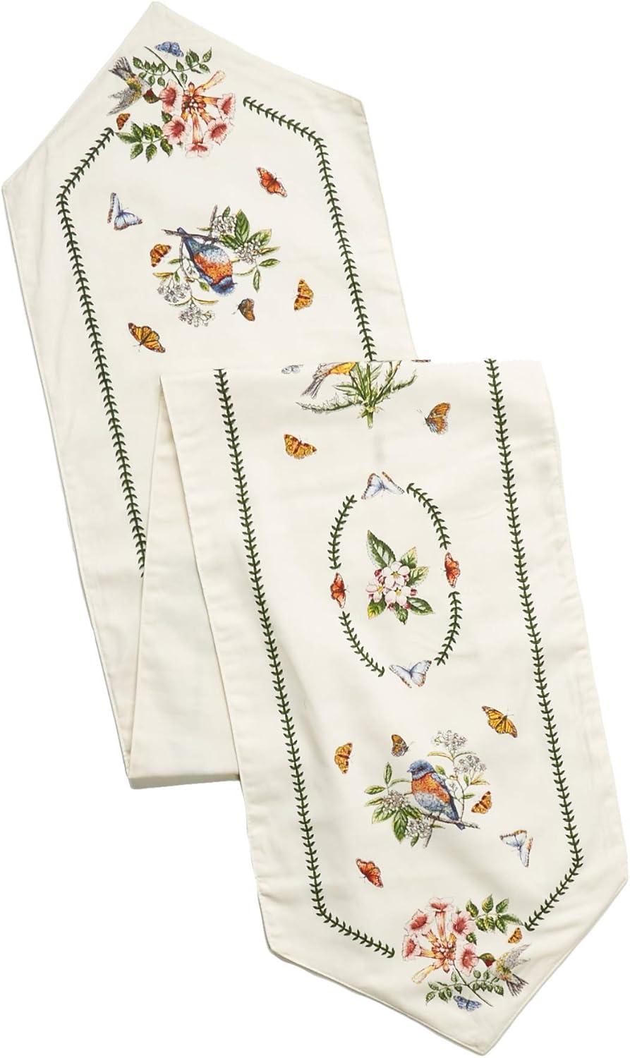 72" White and Green Cotton-Polyester Table Runner with Bird Print