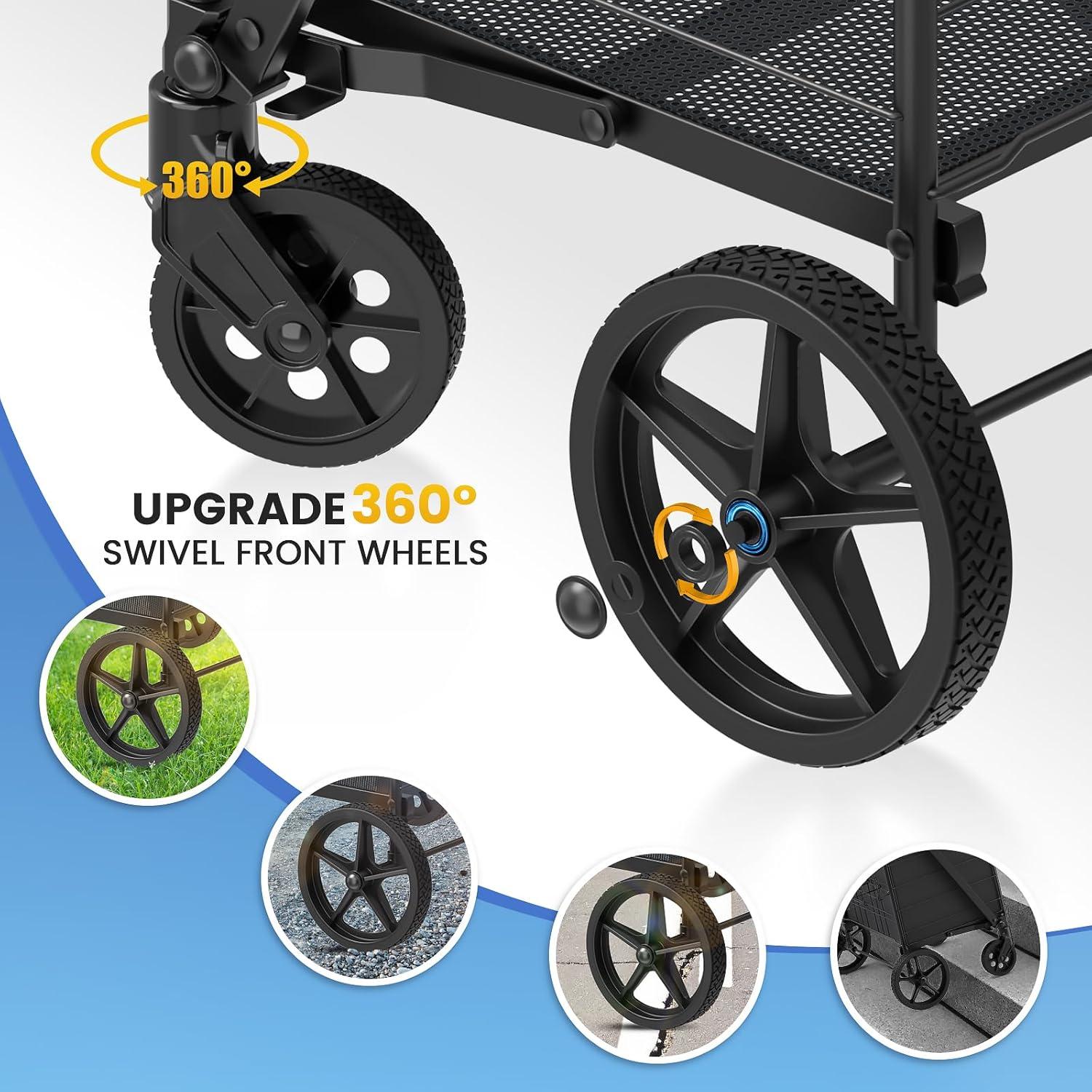 Exlonjet Folding Shopping Grocery Cart Metal Rolling Cart with Double Basket Non-Slip Handle and Swivel Wheels, Light Weight Utility Cart for Laundry Book Luggage Travel