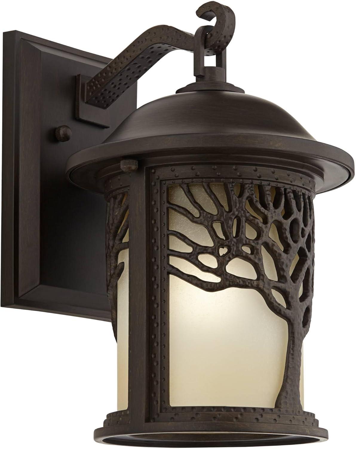 John Timberland Mission Outdoor Wall Light Fixture Bronze Tree Motif 12 1/4" Amber Glass Lantern for Exterior House Porch Patio