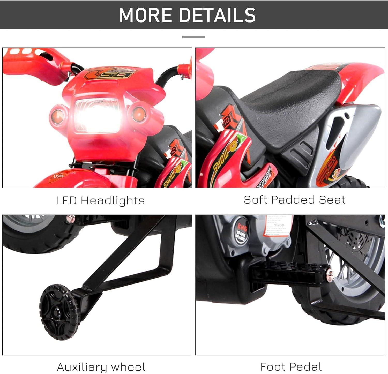 Aosom 6V Kids Motorcycle Dirt Bike, Electric Ride on Toy, Off-road Street Bike with Training Wheels Music Lights, for 5-8 Years, Red