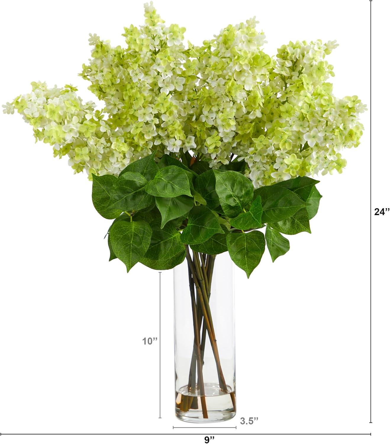 Nearly Natural 24" Green Artificial Lilac Arrangement with Glass Vase