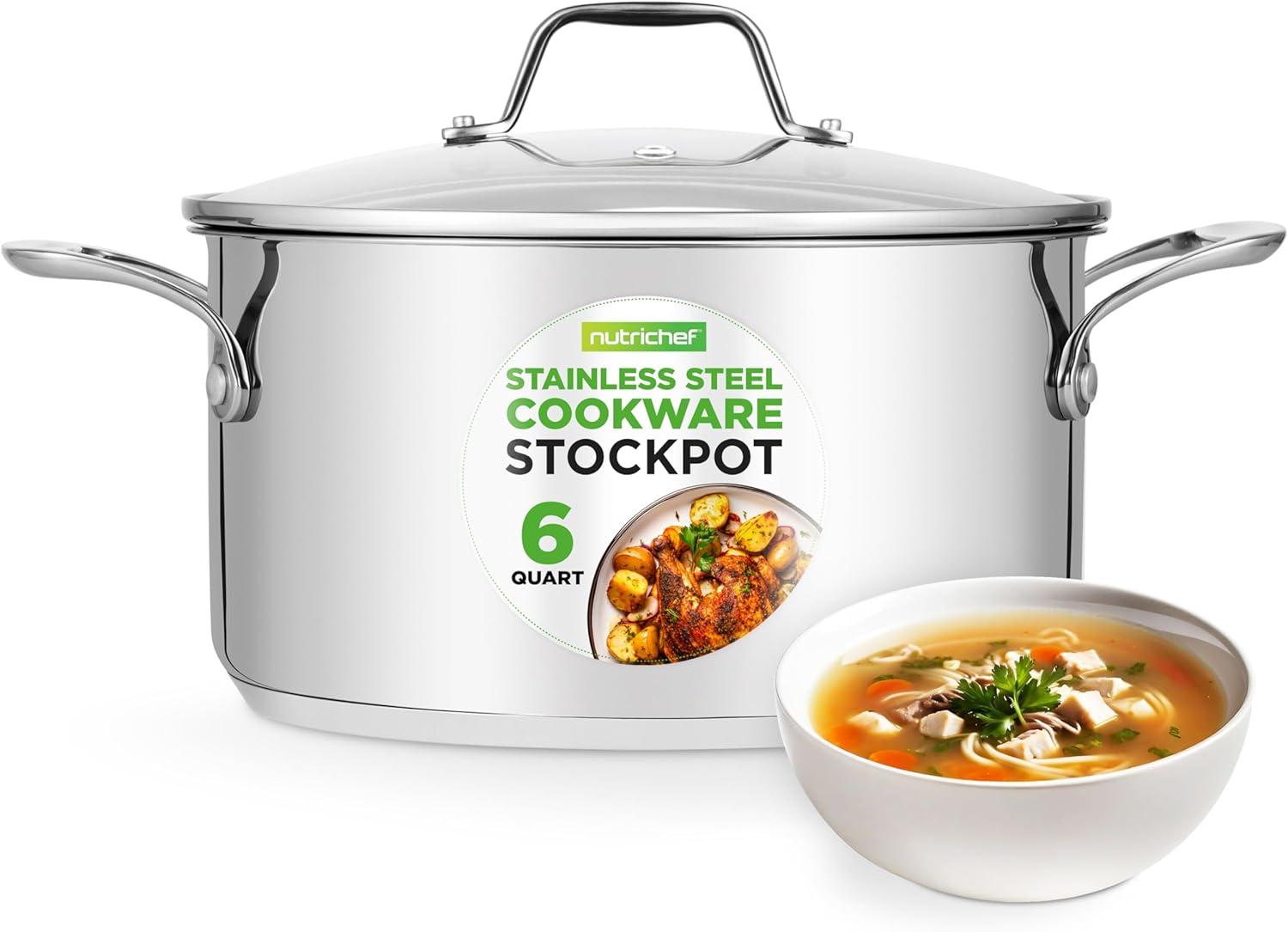 NutriChef 6-Quart Stainless Steel Stock Pot with Glass Lid