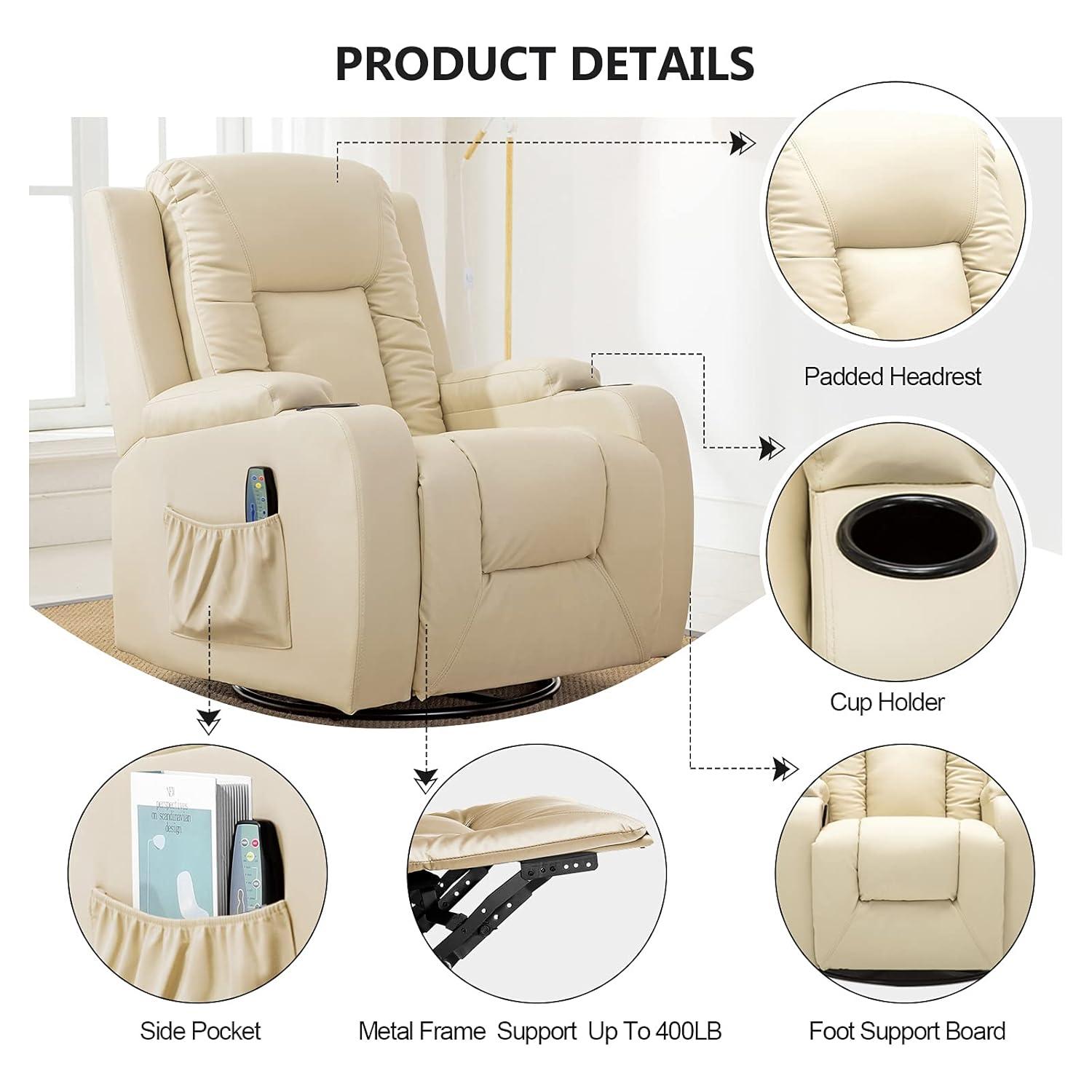 COMHOMA Recliner Chair, PU Rocking Chair for Adults, Swivel Recliner with Cup Holders, Heat and Massage, Single Sofa Seat with Side Pockets for Living Room, Bedroom (White)