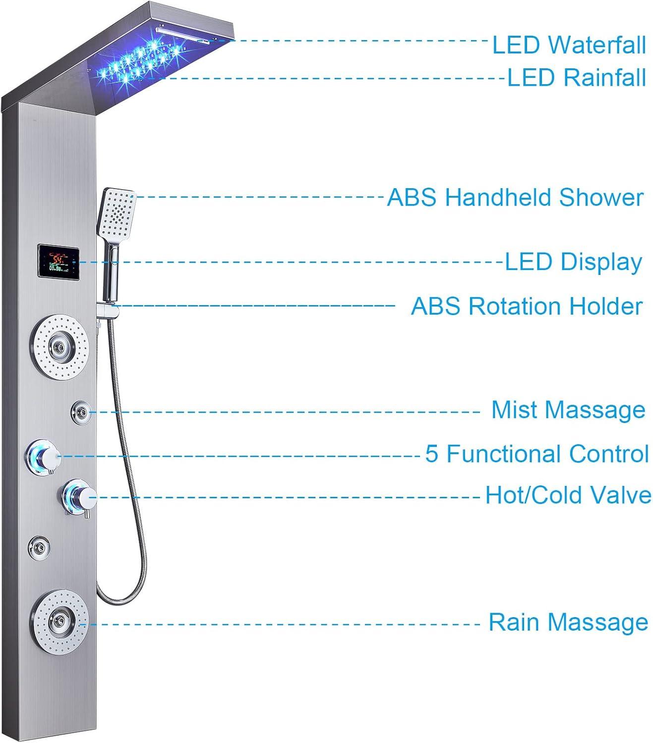 Brushed Nickel LED Rainfall Shower Panel with Body Jets