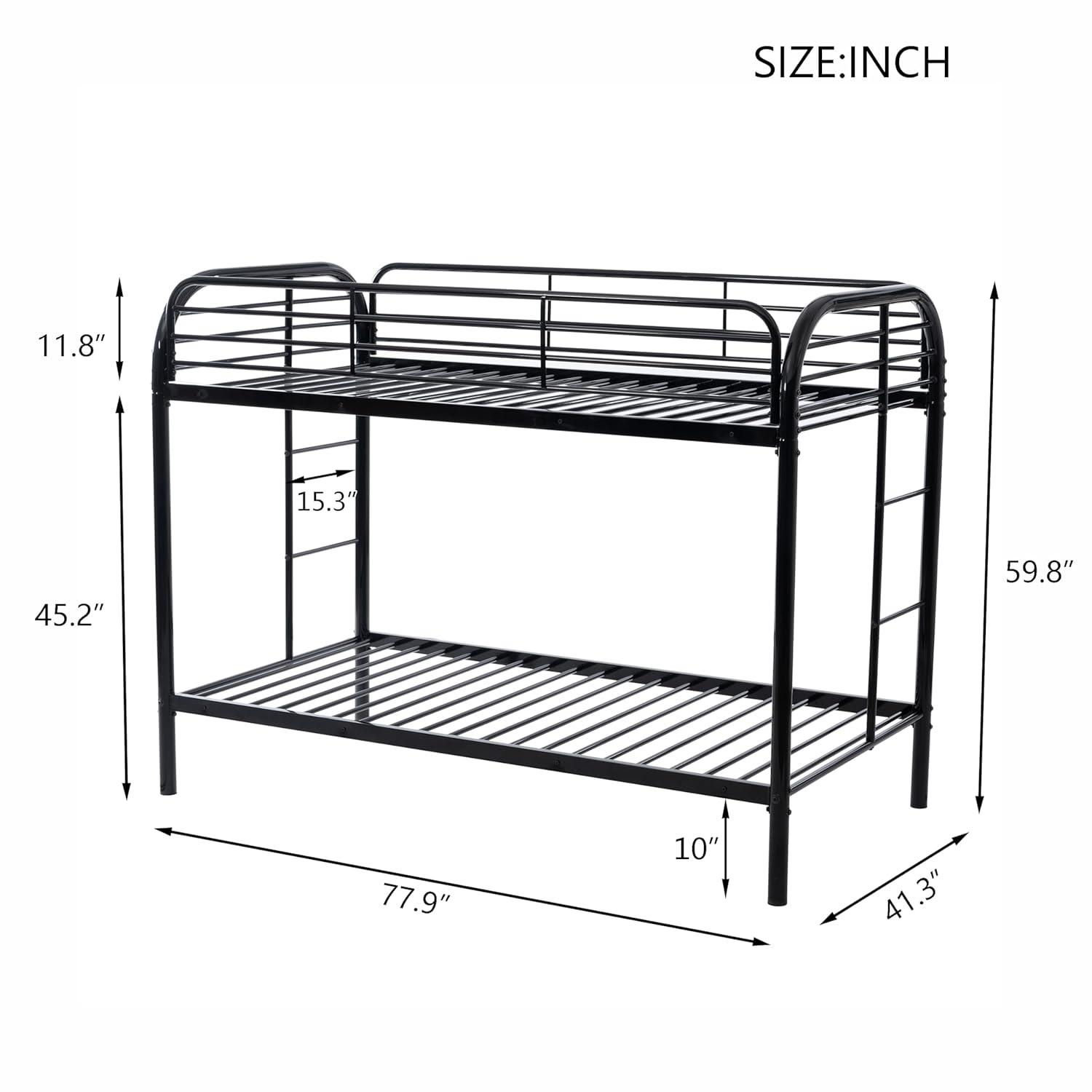 Black Twin Metal Bunk Bed with Safety Rails and Storage Drawer