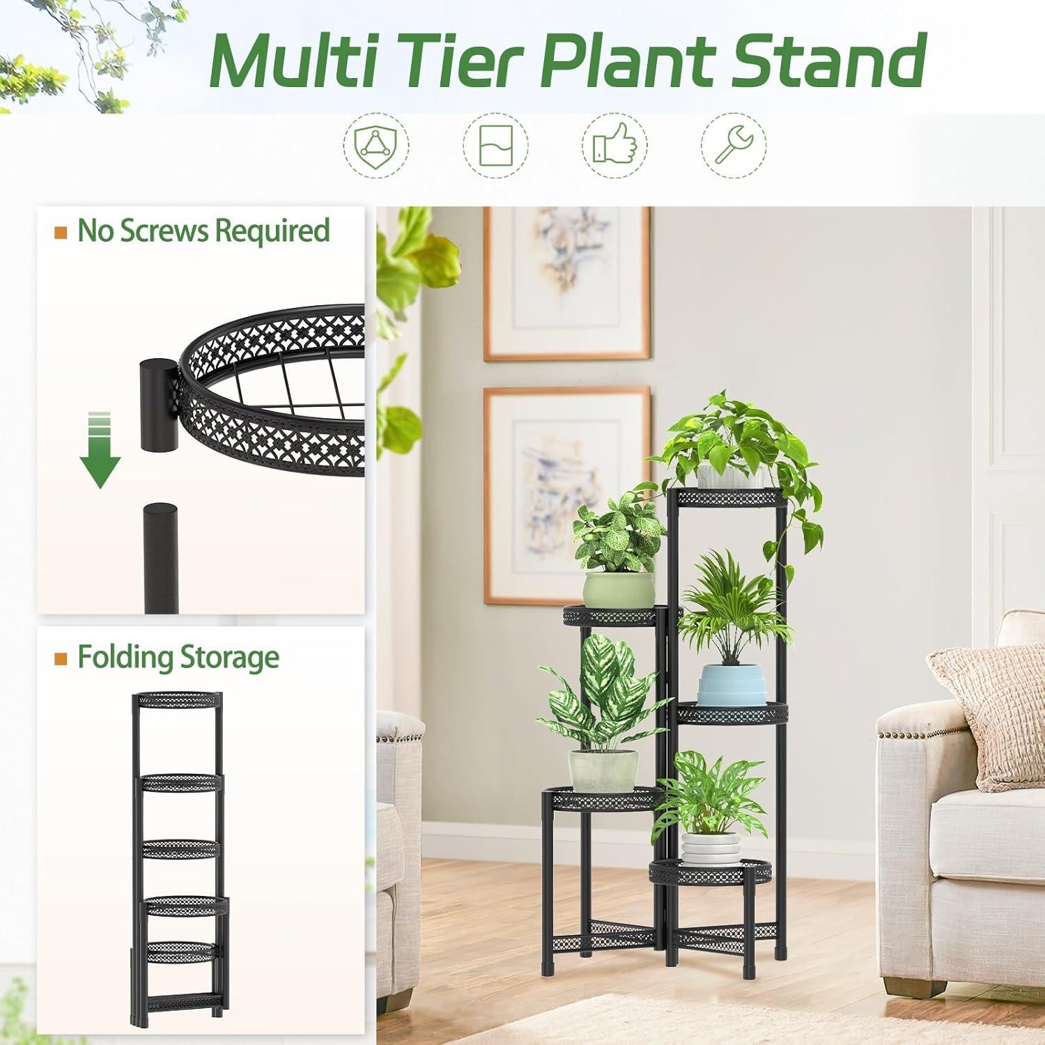 Black Wrought Iron 5-Tier Foldable Plant Stand