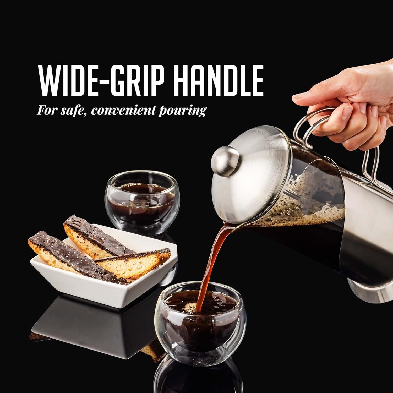 OVENTE French Press Coffee Maker, 4 Level Stainless Steel Filter System, Borosilicate Heat Resistant Glass Carafe with Free Measuring Scoop, Silver