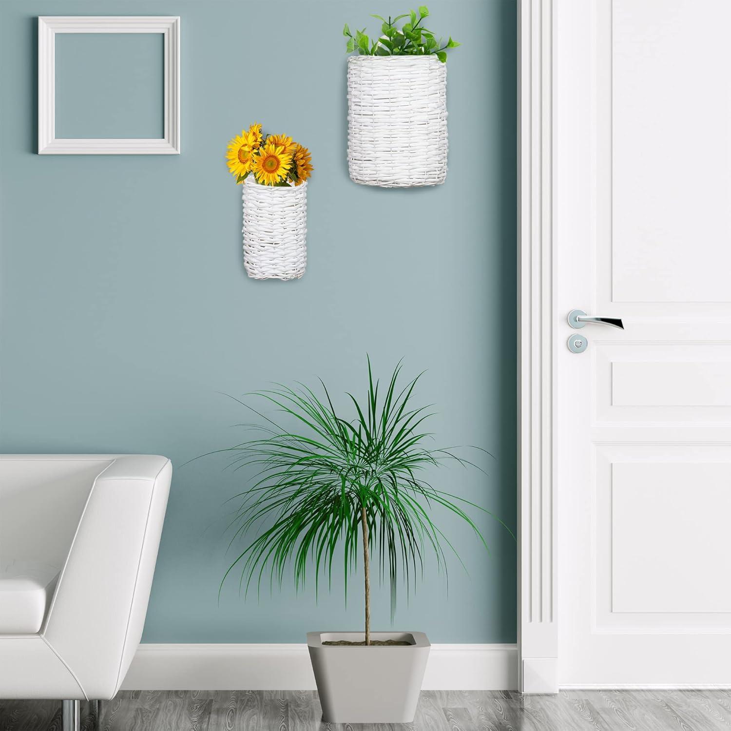 AuldHome Design Wall Hanging Baskets, White, 2pc Set; Small/Medium Wicker Rustic Farmhouse Door