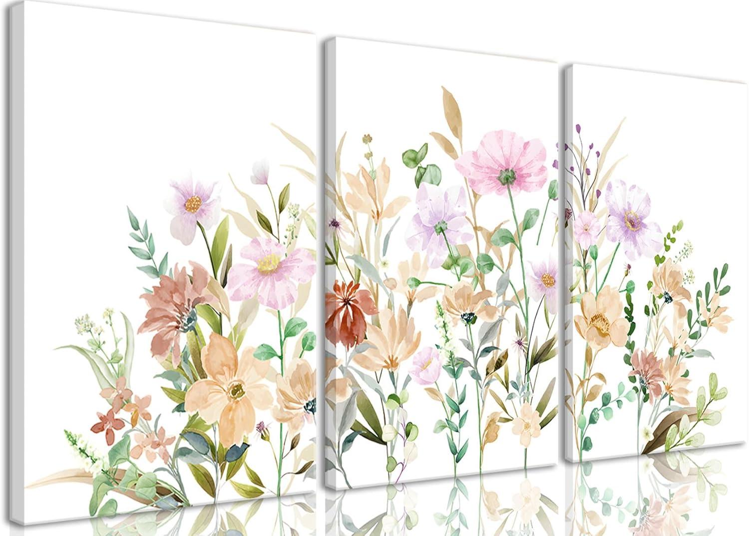 Wildflower Botanical Watercolor Canvas Wall Art Set of 3