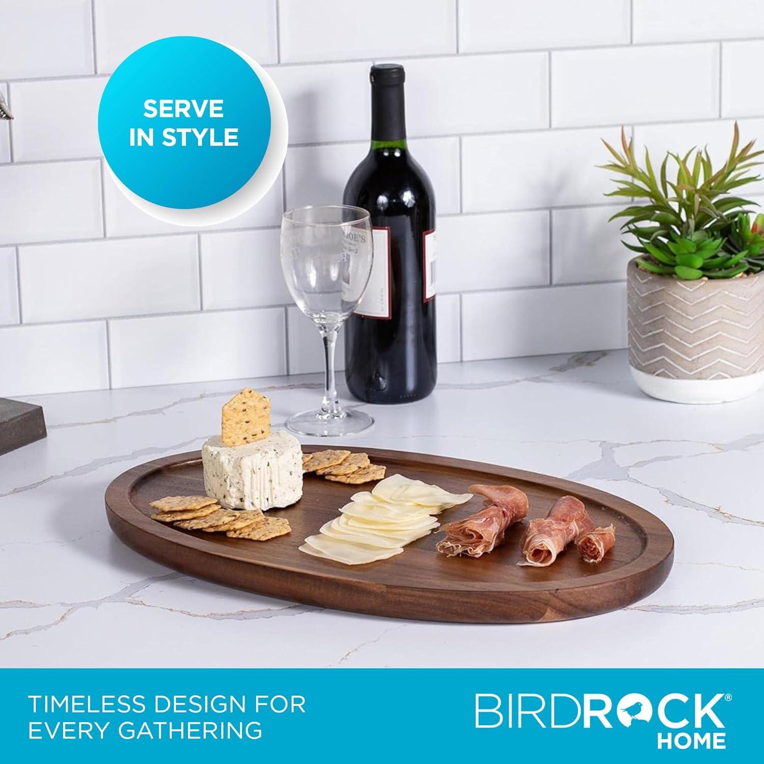 BIRDROCK HOME Acacia Wooden Cheese Serving Board with Handle - Charcuterie, Appetizers, Kitchen Platter, Grazing Board, Pizza, Meat, Bread, Cutting, Party, Food Display Tray - Espresso, 16.5", Oval