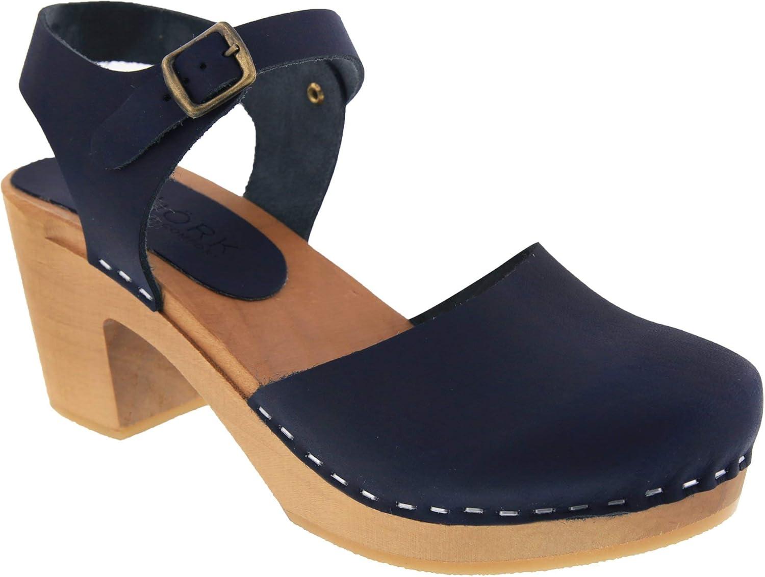 Navy Genuine Leather Ankle Strap Clog Sandals